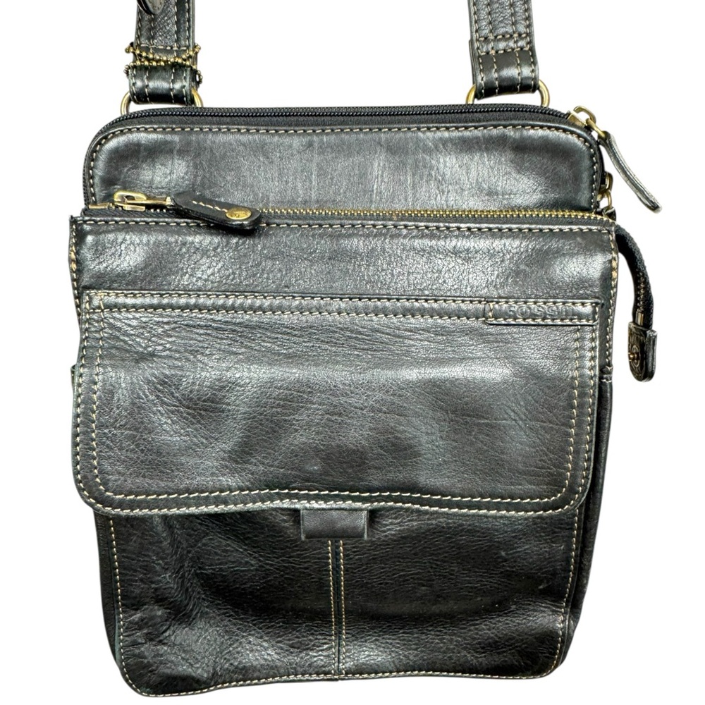 Fossil black leather vintage cargo organizer crossbody bag black y2k
